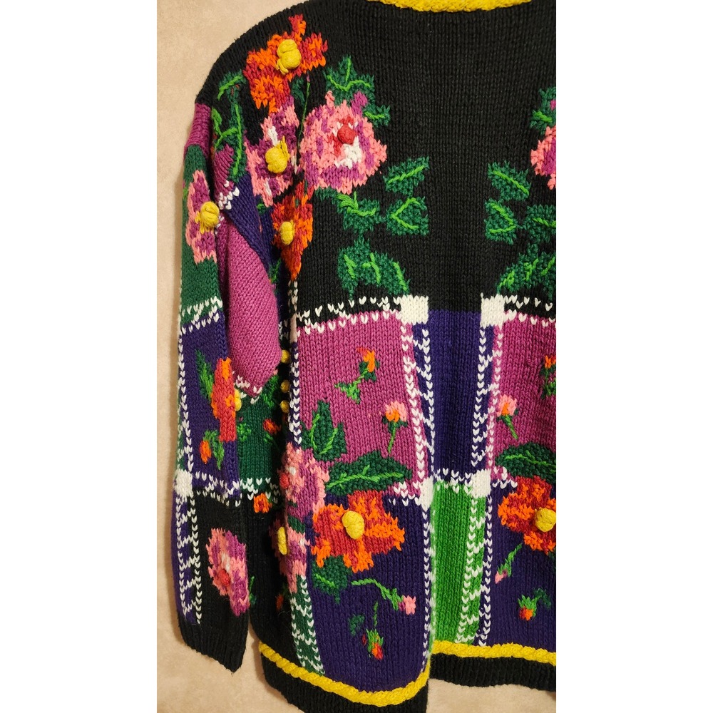Jennifer Reed Vintage Hand Knit Floral Cardigan Pom Pom Shoulder Pads Medium - Picture 8 of 11